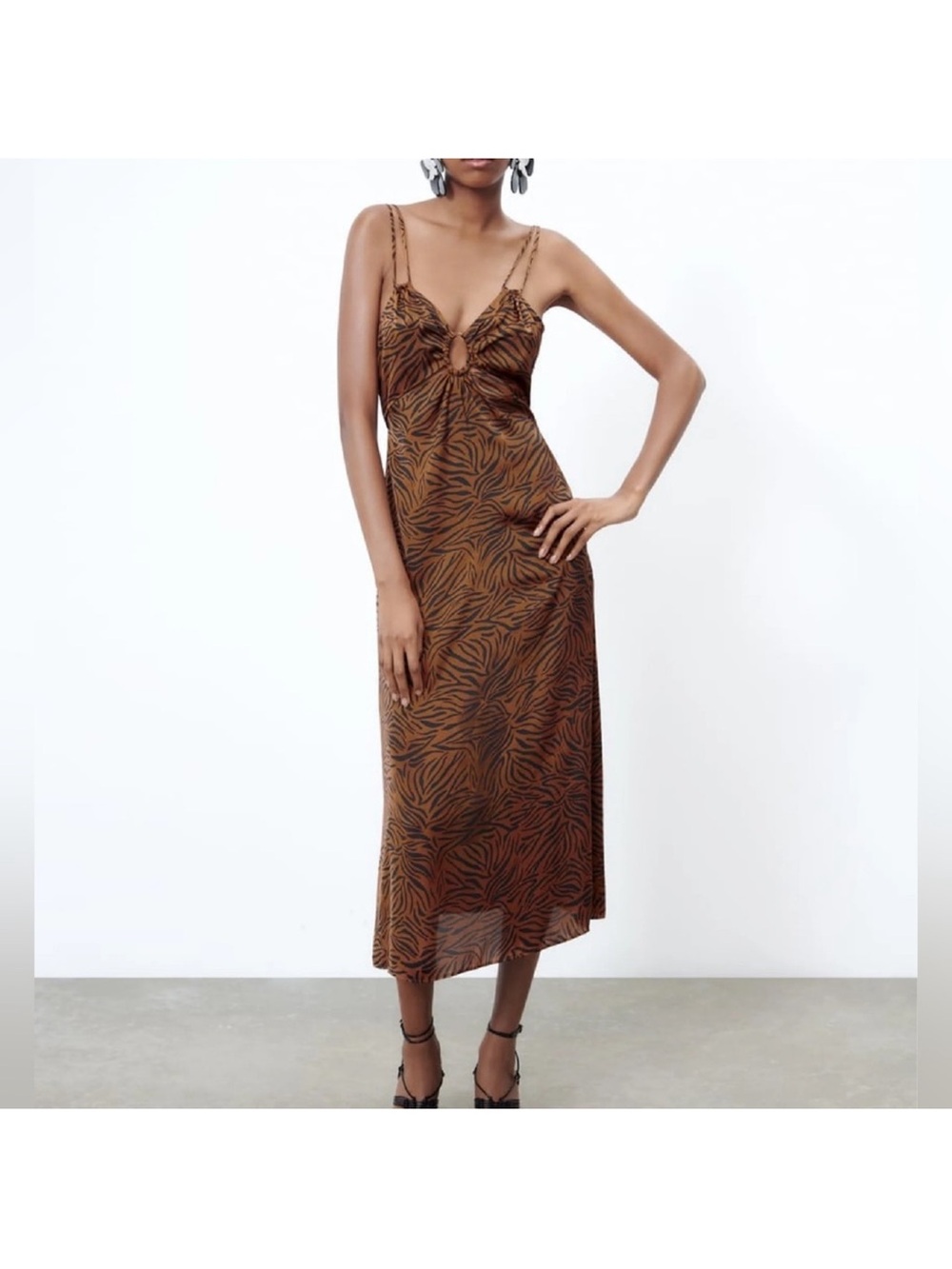 Zara Brown Animal-Print Midi Slip Dress